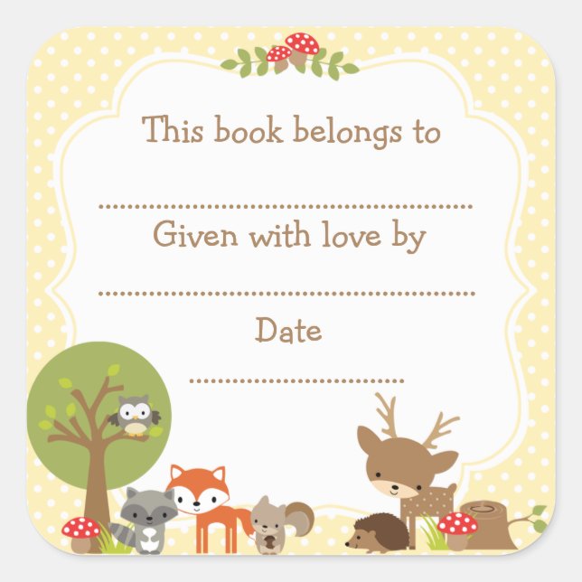 Woodland Baby Shower Bookplate sticker yellow (Front)