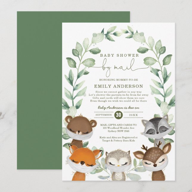 Woodland Baby Shower By Mail Greenery Quarantine Invitation (Front/Back)