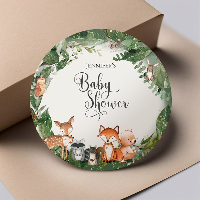 Woodland Baby Shower Classic Round Sticker (Creator Uploaded)