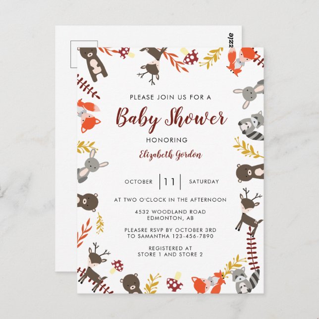 Woodland Baby Shower Cute Forest Animals Neutral   Postcard (Front/Back)