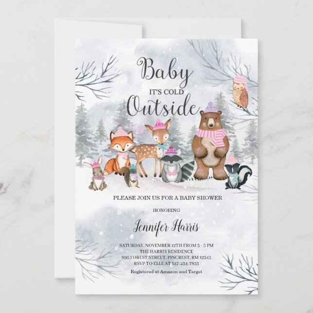 Woodland Baby shower d'hiver Fille Invitation forê (Devant)