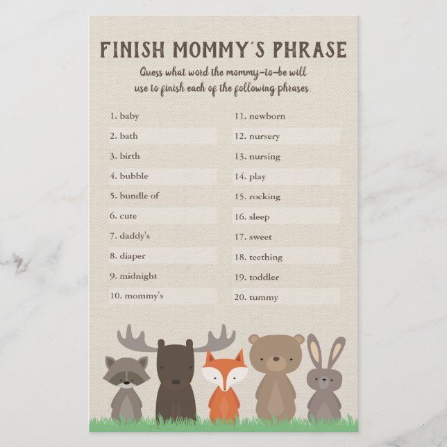 Woodland Baby Shower Finish Mommy's Phrase Game Flyer (Front)