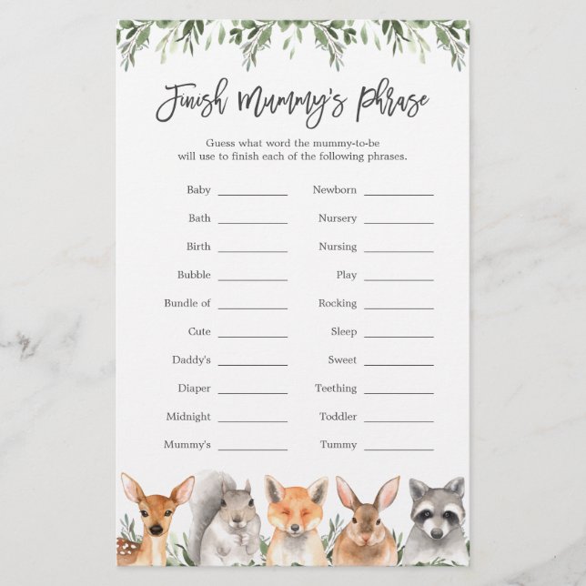 Woodland Baby Shower Finish Mummy's Phrase Game (Front)