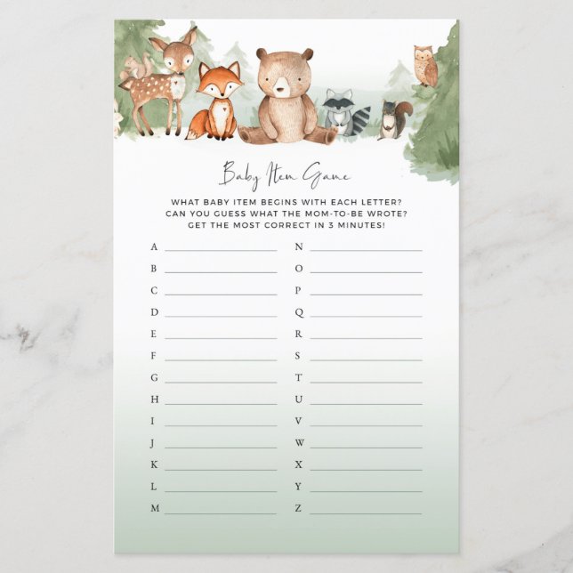 Woodland Baby Shower Game Baby Items (Front)