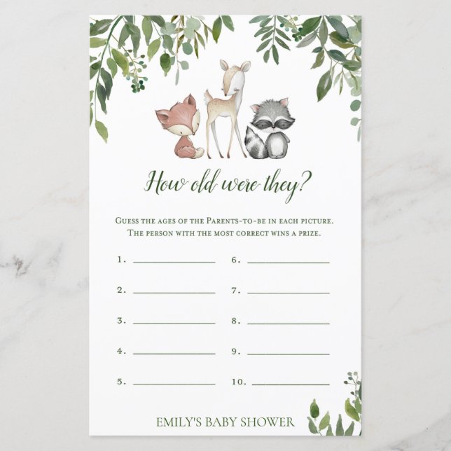 Woodland Baby Shower Game - How Old Were They (Front)