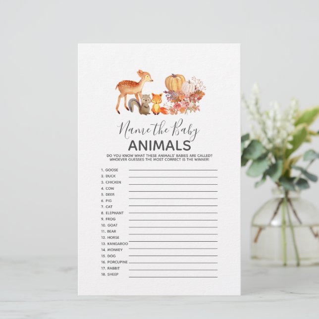 Woodland Baby Shower Game - Name the Baby Animals (Standing Front)