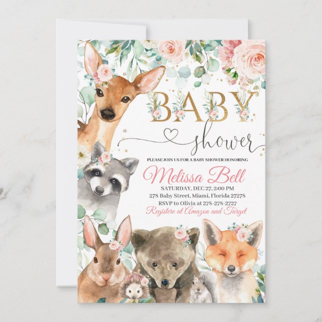 Woodland Baby shower Invitation fille, ours Fox (Devant)