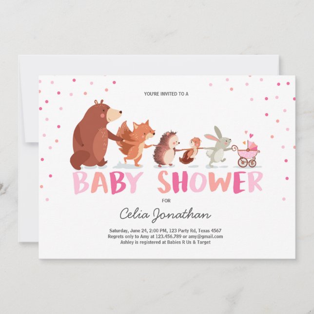 Woodland Baby shower invitation Fille rose Animaux (Devant)
