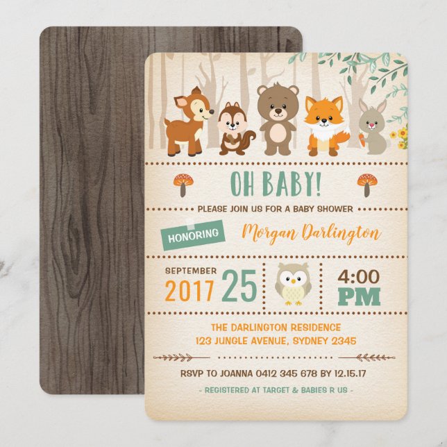 Woodland Baby Shower Invitation Forest Animals (Front/Back)