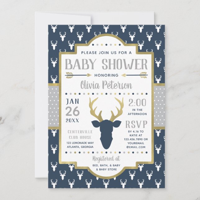 Woodland Baby Shower Invitation, Navy, Grey, Gold Invitation (Front)