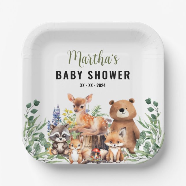 Woodland Baby Shower Invitation | Woodland animals Paper Plate (Front)
