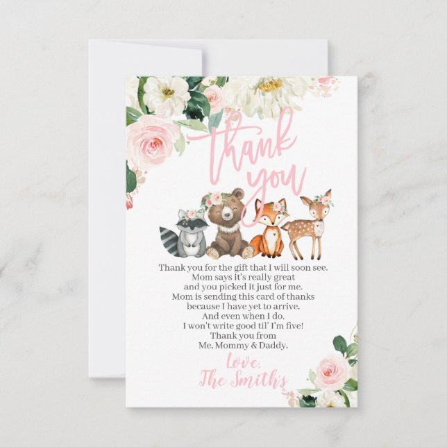 Woodland Baby shower Merci Cartes pour une fille (Devant)