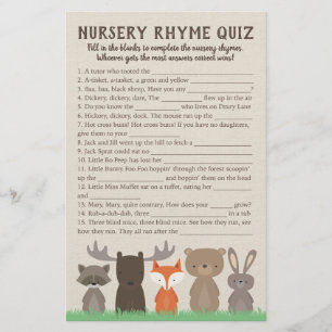 Woodland Baby Shower Nursery Rhyme Quiz Game Cards