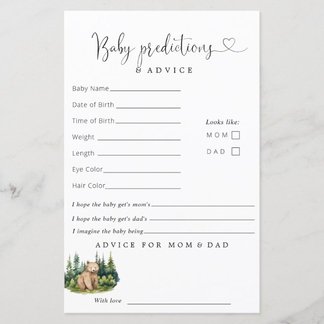 Woodland Baby Shower Predictions Advice (Front)