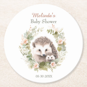 Woodland Baby Shower with Cute Hedgehog Round Paper Coaster