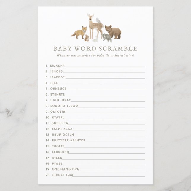 Woodland Baby Shower Word Scramble (Front)