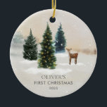 Woodland Baby's First Christmas Photo Ceramic Ornament<br><div class="desc">This sweet Woodland Baby’s First Christmas ornament features an adorable deer design and a place for your little one’s photo. Personalize the name,  year,  and details to create a keepsake families will treasure every holiday season. Visit the full matching collection for more coordinating woodland items.</div>