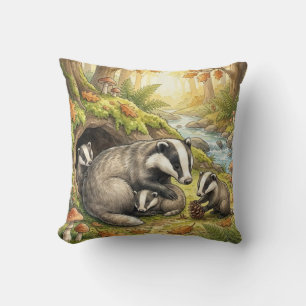 Woodland Badger Family Kids Throw Pillow