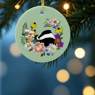 Woodland Badger Wildflowers Mushrooms Sage Green Ceramic Ornament