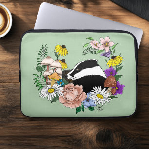 Woodland Badger Wildflowers Mushrooms Sage Green Laptop Sleeve