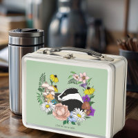 Woodland Badger Wildflowers Mushrooms Sage Green