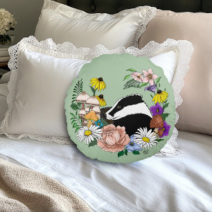 Woodland Badger Wildflowers Mushrooms Sage Green Round Pillow