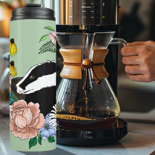 Woodland Badger Wildflowers Mushrooms Sage Green Thermal Tumbler