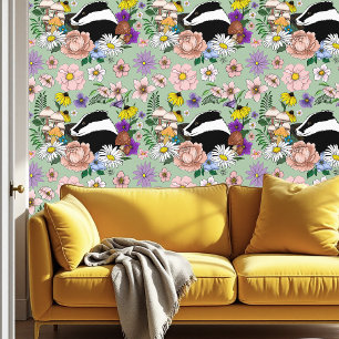Woodland Badger Wildflowers Mushrooms Sage Green Wallpaper