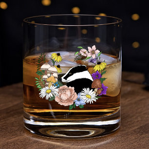 Woodland Badger Wildflowers Mushrooms Sage Green Whiskey Glass