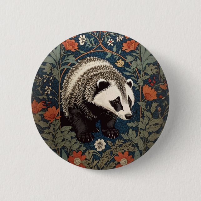 Woodland Badger William Morris Inspired 2 Inch Round Button (Front)