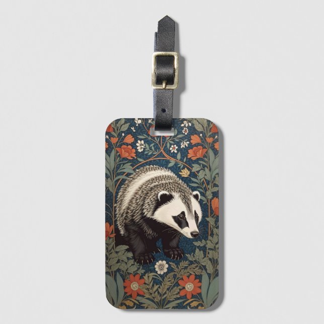Woodland Badger William Morris Inspired Luggage Tag (Front Vertical)