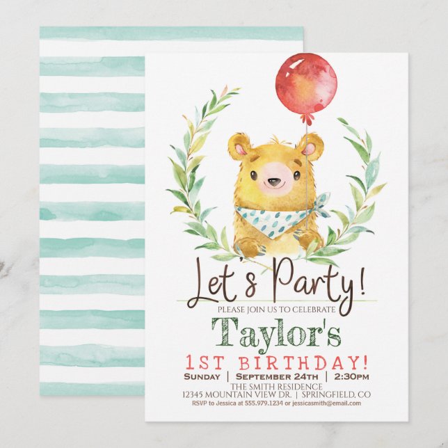 Woodland Bear 1er Anniversaire Fête Invitation (Devant / Derrière)