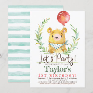Woodland Bear 1st Birthday Party Invitation