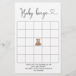 Woodland Bear Baby Shower Bingo Game