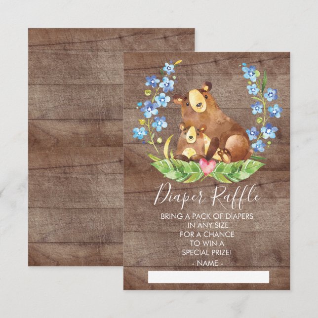 Woodland Bear Baby Shower Diaper Raffle Ticket Invitation (Front/Back)