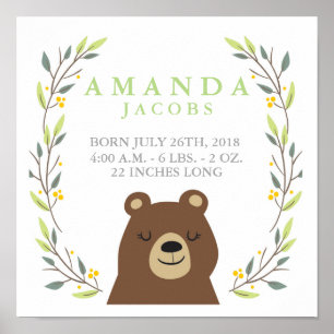 Woodland Bear Baby Stats Poster
