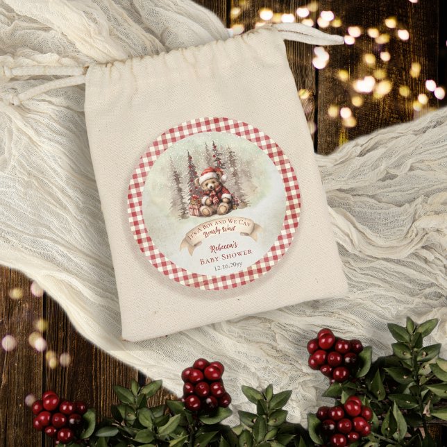 Woodland Bear Bearly Wait Holiday Boy Baby Shower  Classic Round Sticker ("It's A Boy and We Can Bearly Wait" Baby Shower rustic woodland Christmas Holiday design)