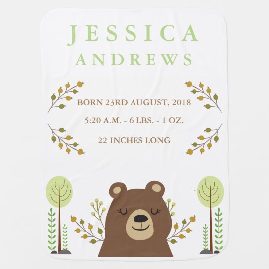 Woodland Bear Birth Announcement Baby Blanket