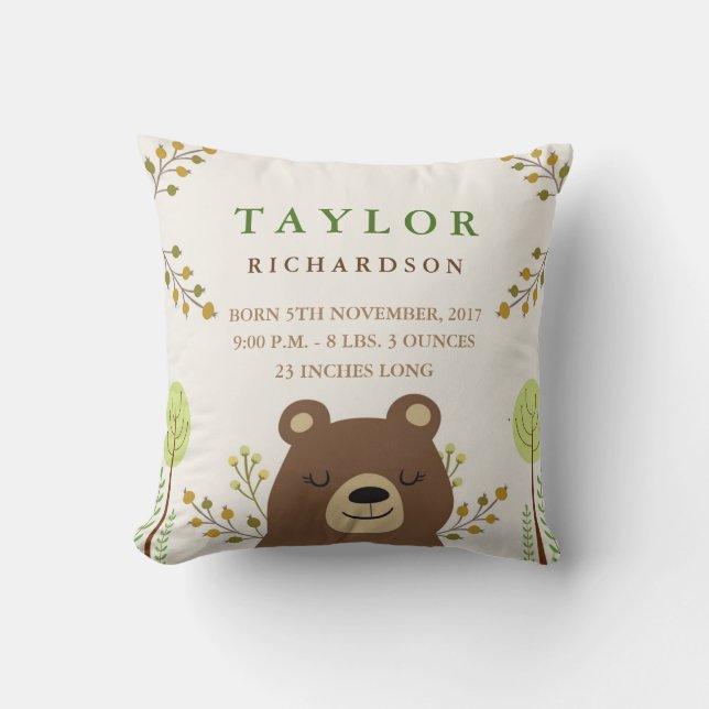 Woodland Bear Birth Announcement Pillow (Front)
