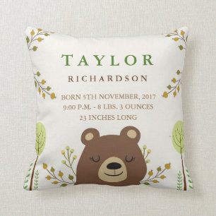 Woodland Bear Birth Announcement Pillow