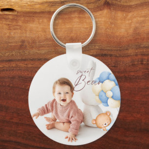 Woodland Bear Boy 1st Birthday Party Pastel Photo Keychain