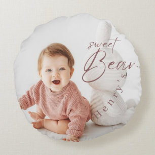 Woodland Bear Boy 1st Birthday Party Pastel Photo  Round Pillow