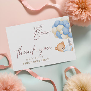 Woodland Bear Boy 1st Birthday Party Pastel  Thank You Card