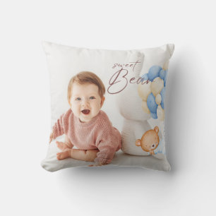 Woodland Bear Boy 1st Birthday Party Photo Throw Pillow