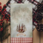 Woodland Bear Christmas Is Coming Bearly Wait  Kitchen Towel<br><div class="desc">Cute little holiday bear in a santa suit, "Christmas Is Coming and We Can Bearly Wait" script text holiday design with muted dusky red and mocha brown text. Design features a sweet baby bear nestled with his Christmas presents backed by a mocha and grey forest with bauble adorned trees and...</div>