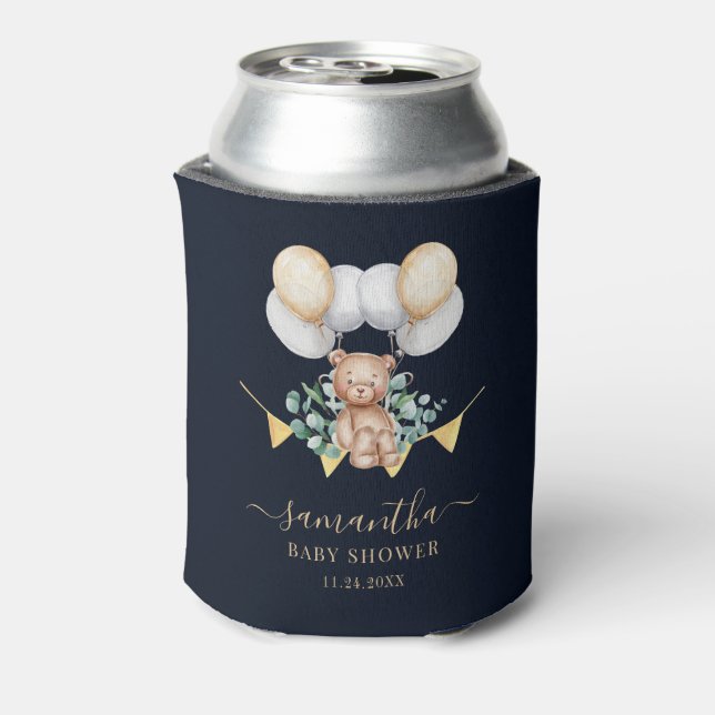 Woodland Bear Eucalyptus Baby Shower Script Can Cooler (Can Back)