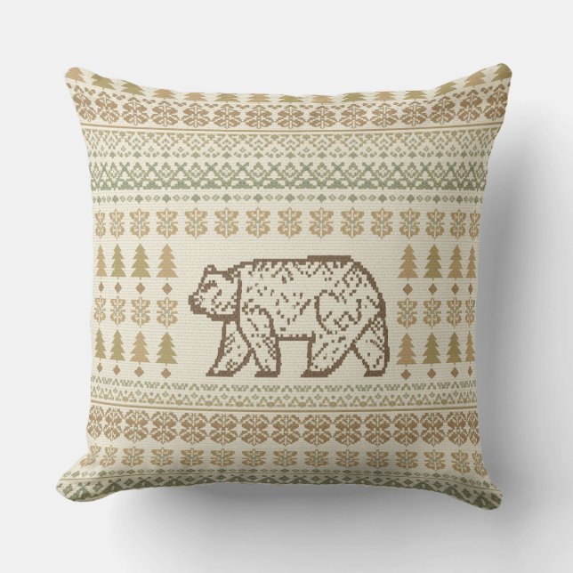 Woodland Bear Folk Throw Pillow (Front)