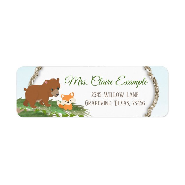 Woodland Bear Fox Baby shower Adresse de retour La (Devant)