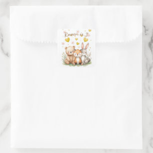 Woodland Bear Fox Bunny Yellow Hearts Neutral Square Sticker