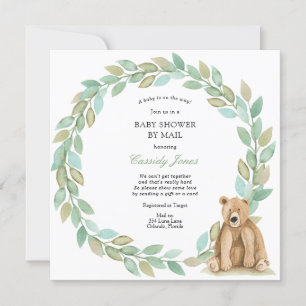 Woodland Bear Greenery Wreath Baby Shower by Mail Invitation